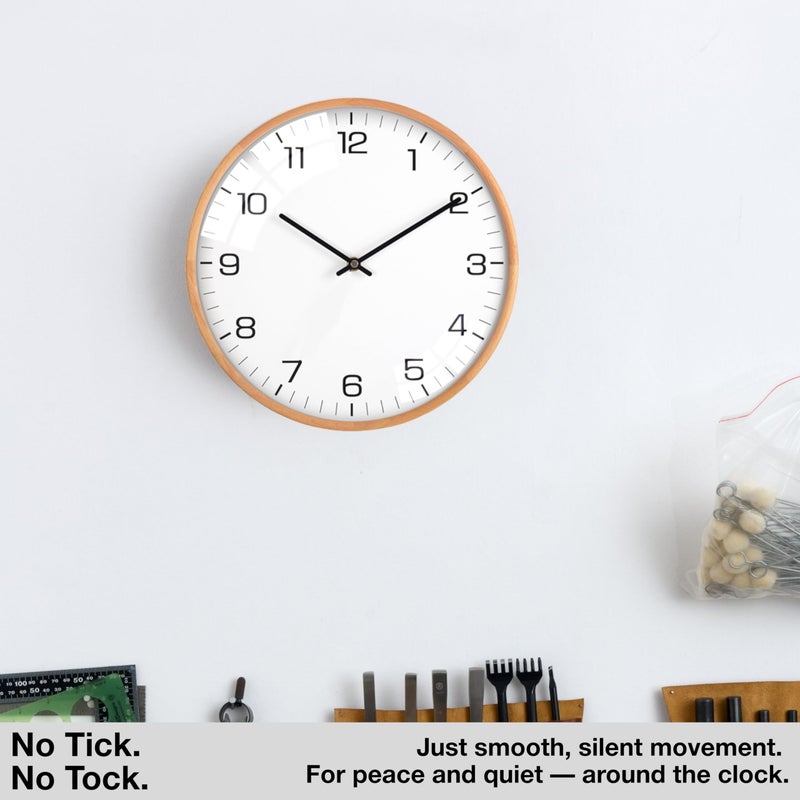 Driini Analog Dome Glass Wall Clock (12") - Wood Frame with White, Modern Face - Battery Operated with Non Ticking Hands - Large Decorative Clocks for Classroom, Office, Living Room, or Bedrooms. - Image 5